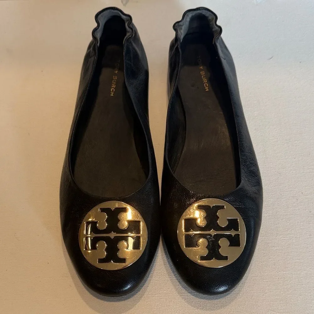 Tory Burch Black Leather Ballet Flats with Gold Logo Medallion